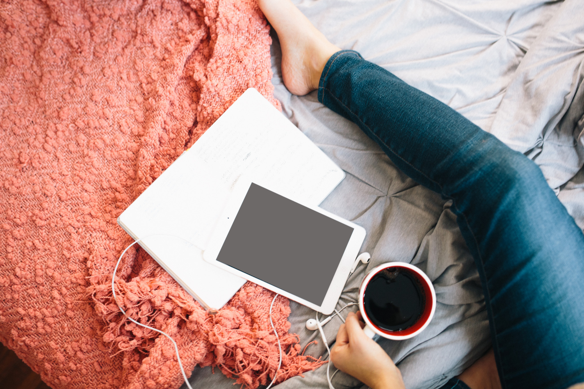 iPad headphones coffee podcast listen